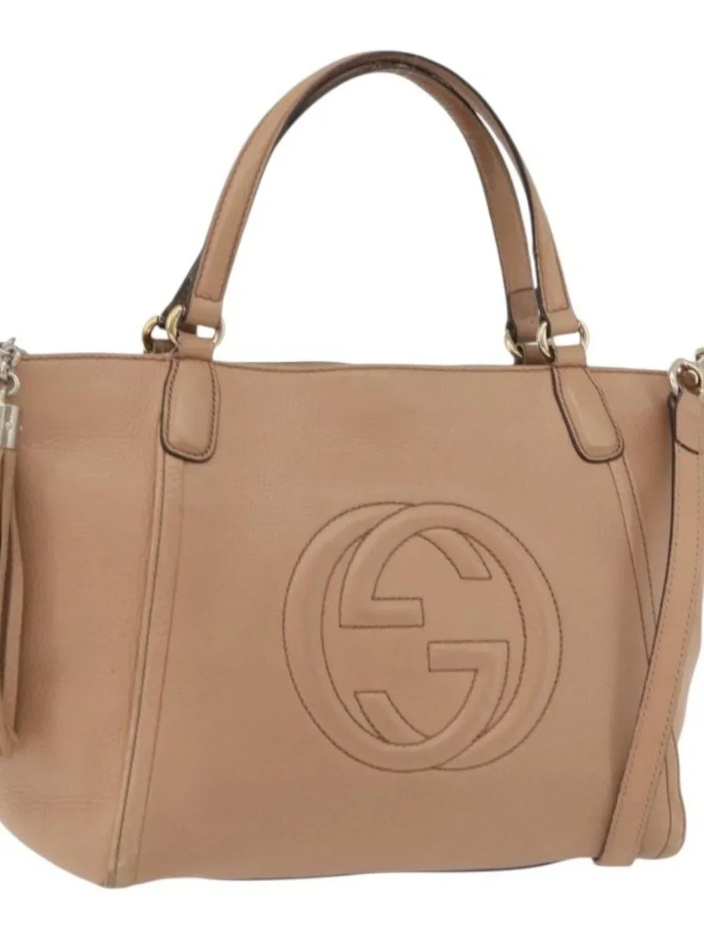 GUCCI Soho Interlocking Hand Bag Leather 2way Gold Beige 369176 Auth ka3592